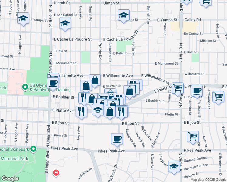 map of restaurants, bars, coffee shops, grocery stores, and more near 2403 East Saint Vrain Street in Colorado Springs