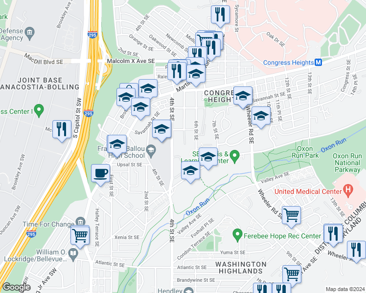 map of restaurants, bars, coffee shops, grocery stores, and more near 3423 5th Street Southeast in Washington