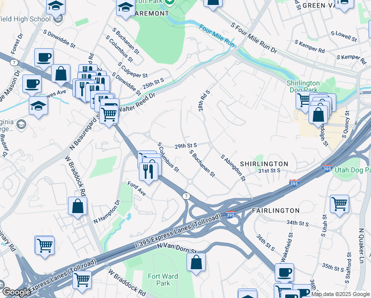 map of restaurants, bars, coffee shops, grocery stores, and more near 2900 South Buchanan Street in Arlington