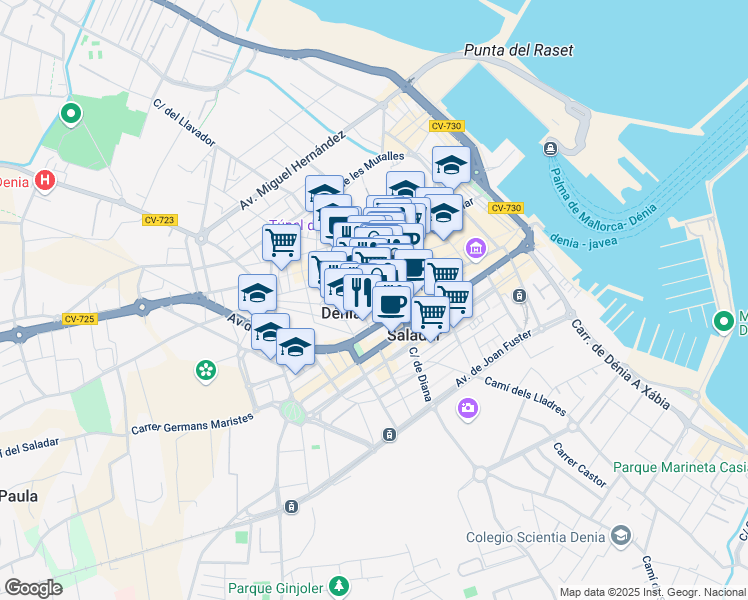 map of restaurants, bars, coffee shops, grocery stores, and more near 20 Carrer Ramón y Cajal in Dénia