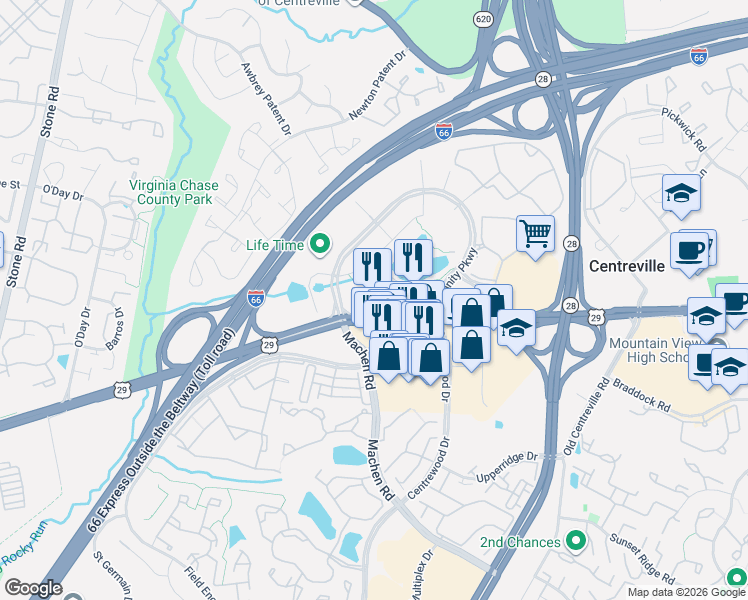 map of restaurants, bars, coffee shops, grocery stores, and more near 5805 Trinity Parkway in Centreville
