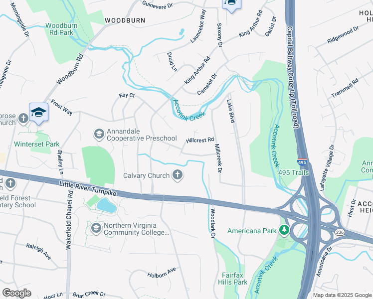 map of restaurants, bars, coffee shops, grocery stores, and more near 8212 Woodland Avenue in Annandale