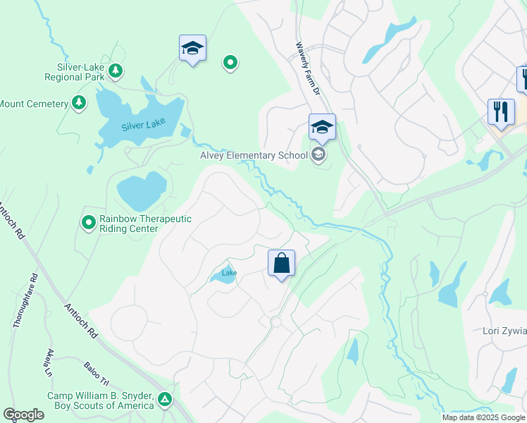 map of restaurants, bars, coffee shops, grocery stores, and more near 5800 Waterloo Bridge Circle in Haymarket