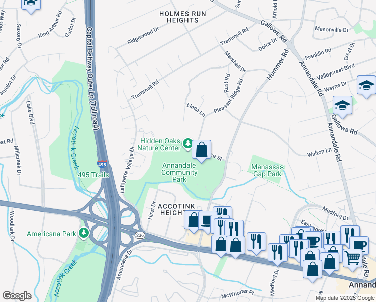 map of restaurants, bars, coffee shops, grocery stores, and more near 7701 Royce Street in Annandale