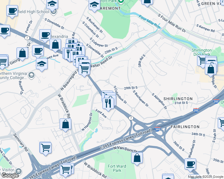 map of restaurants, bars, coffee shops, grocery stores, and more near 2941 South Dinwiddie Street in Arlington