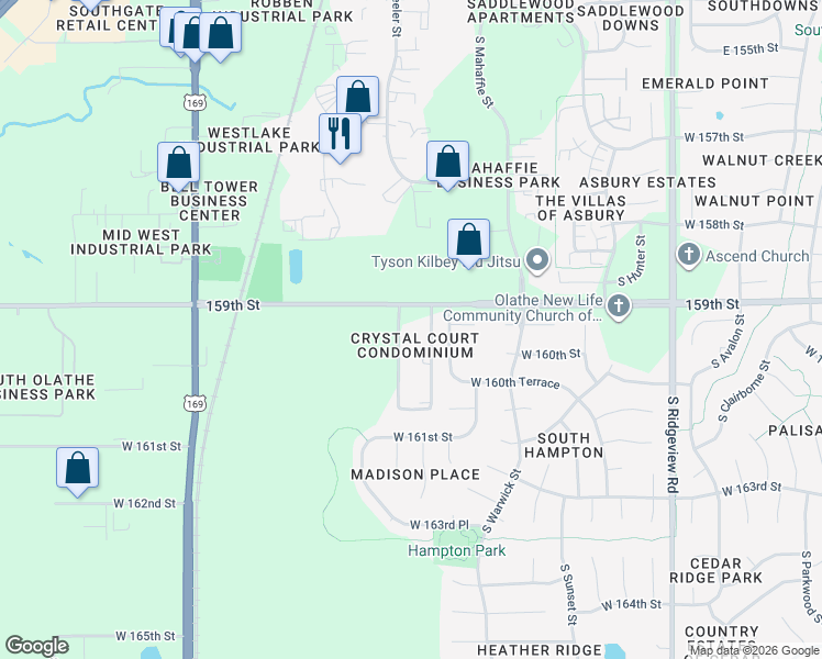 map of restaurants, bars, coffee shops, grocery stores, and more near 15933 South Crestview Drive in Olathe