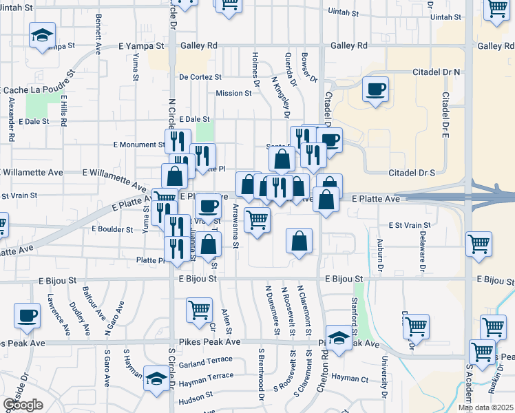 map of restaurants, bars, coffee shops, grocery stores, and more near 3175 E Platte Ave in Colorado Springs