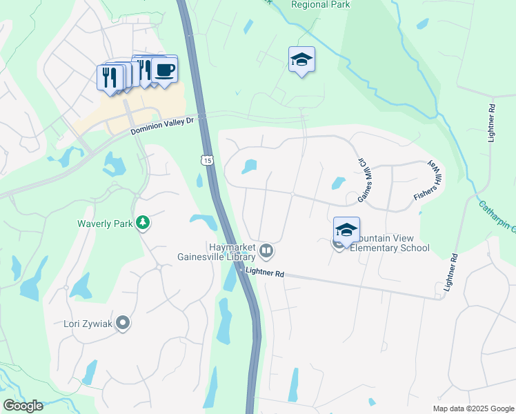 map of restaurants, bars, coffee shops, grocery stores, and more near 5514 Hillsman Farm Lane in Haymarket