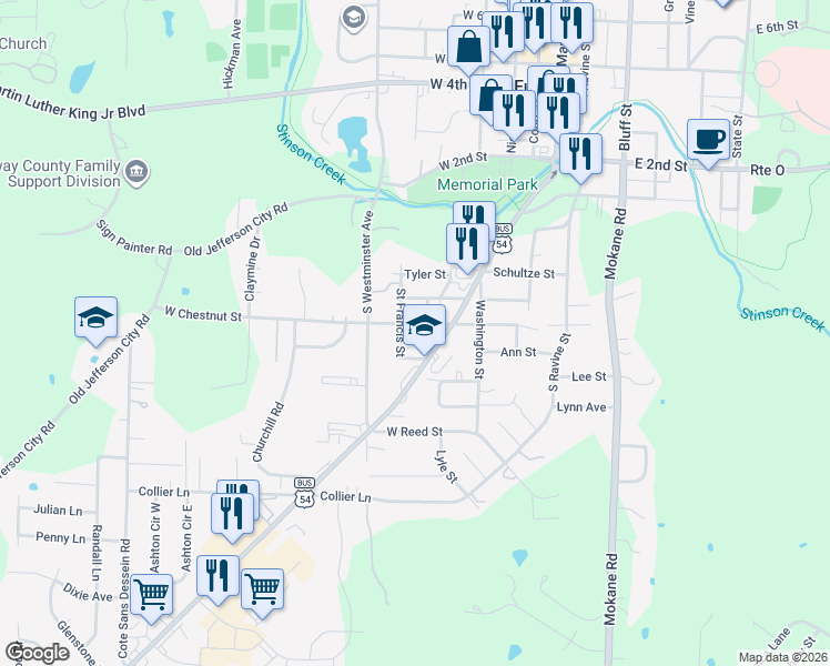 map of restaurants, bars, coffee shops, grocery stores, and more near 202 West Chestnut Street in Fulton