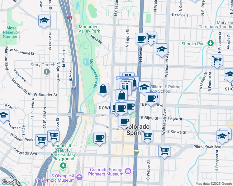 map of restaurants, bars, coffee shops, grocery stores, and more near 325 North Cascade Avenue in Colorado Springs