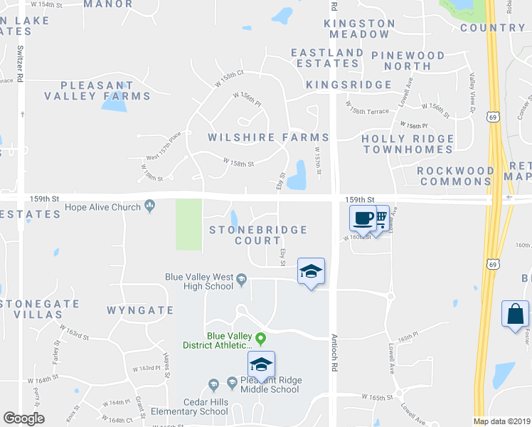 map of restaurants, bars, coffee shops, grocery stores, and more near 9011 159th Terrace in Overland Park