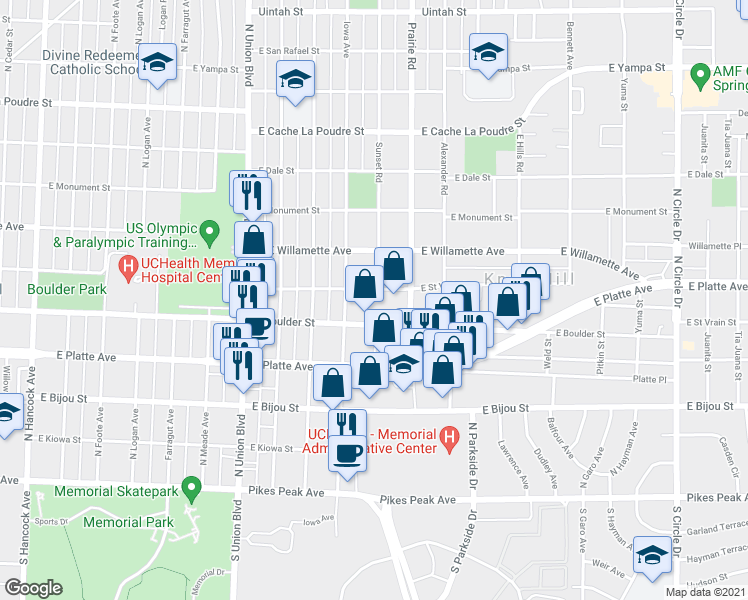 map of restaurants, bars, coffee shops, grocery stores, and more near 2201 East Saint Vrain Street in Colorado Springs
