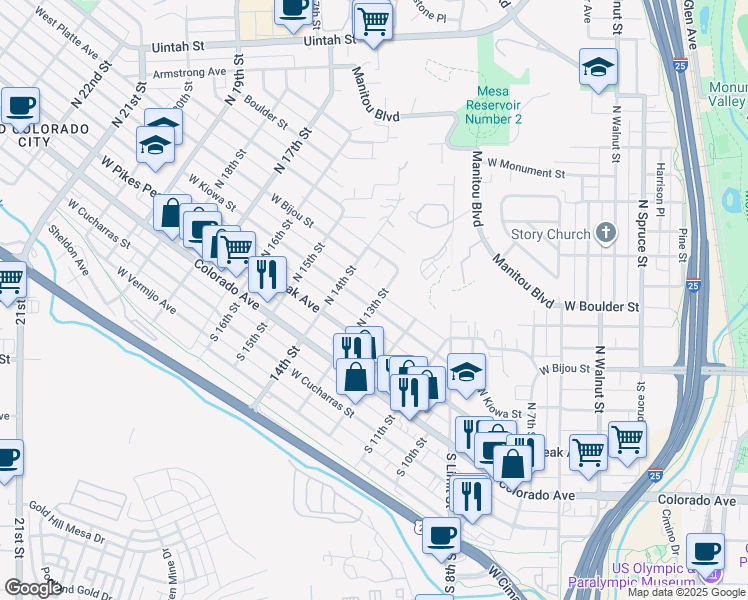 map of restaurants, bars, coffee shops, grocery stores, and more near 112 North 13th Street in Colorado Springs