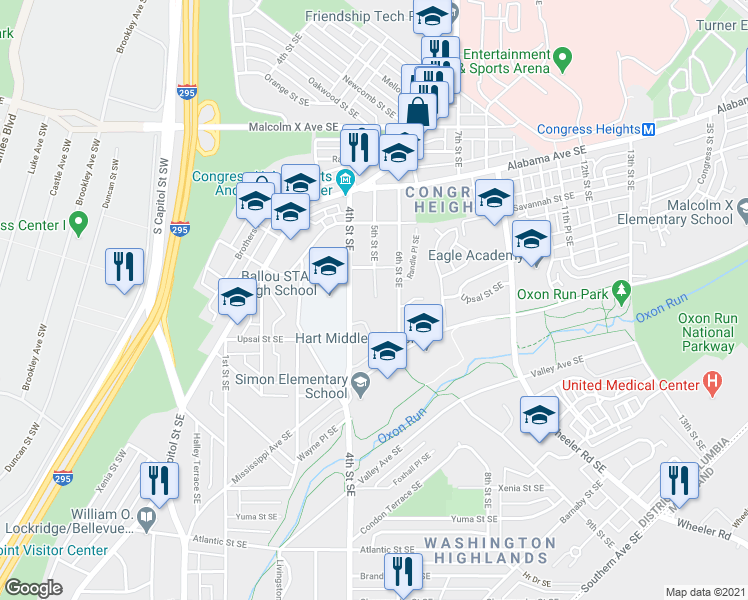 map of restaurants, bars, coffee shops, grocery stores, and more near 3423 5th Street Southeast in Washington