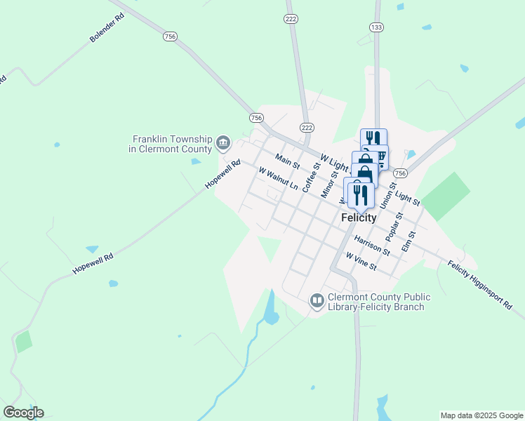 map of restaurants, bars, coffee shops, grocery stores, and more near 227 Mulberry Street in Felicity