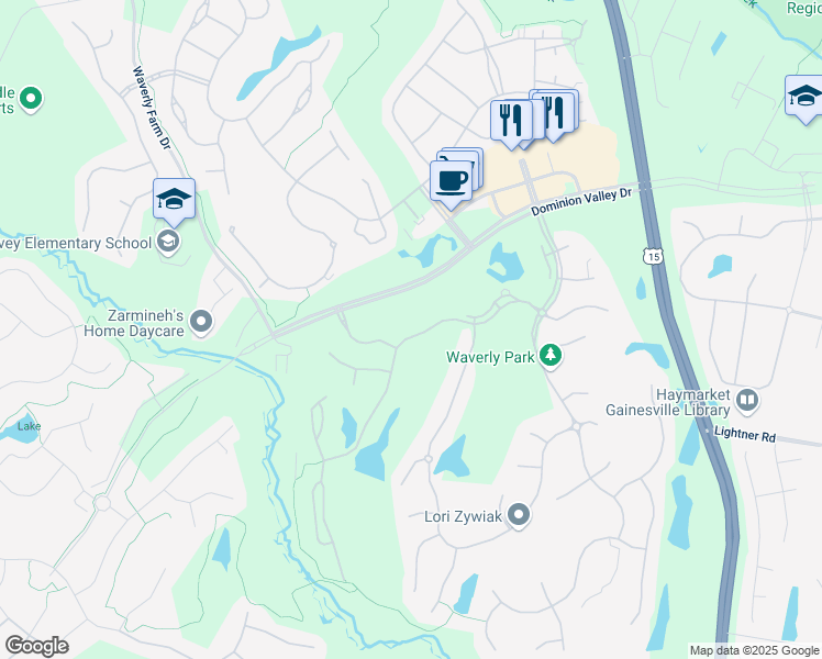 map of restaurants, bars, coffee shops, grocery stores, and more near 15404 Arnold Palmer Drive in Haymarket