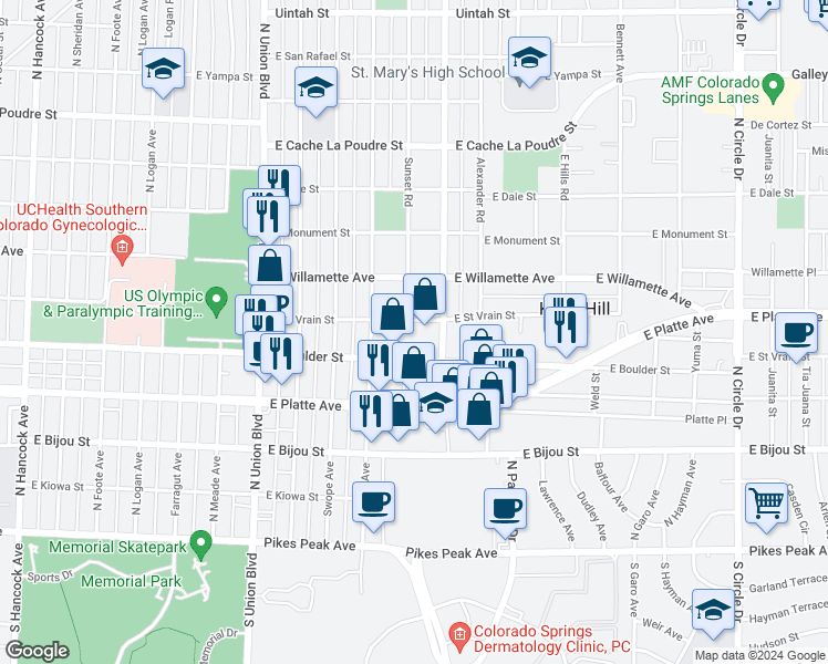 map of restaurants, bars, coffee shops, grocery stores, and more near 2201 East Saint Vrain Street in Colorado Springs