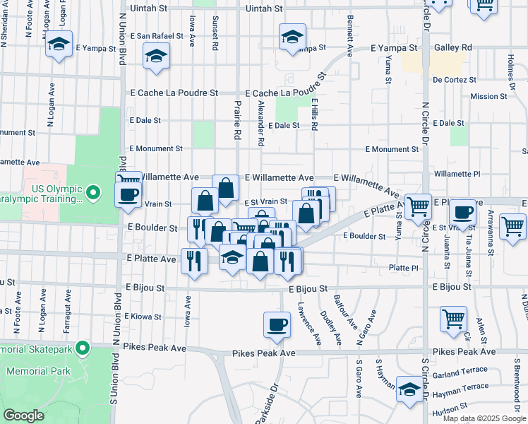 map of restaurants, bars, coffee shops, grocery stores, and more near 2403 East Saint Vrain Street in Colorado Springs