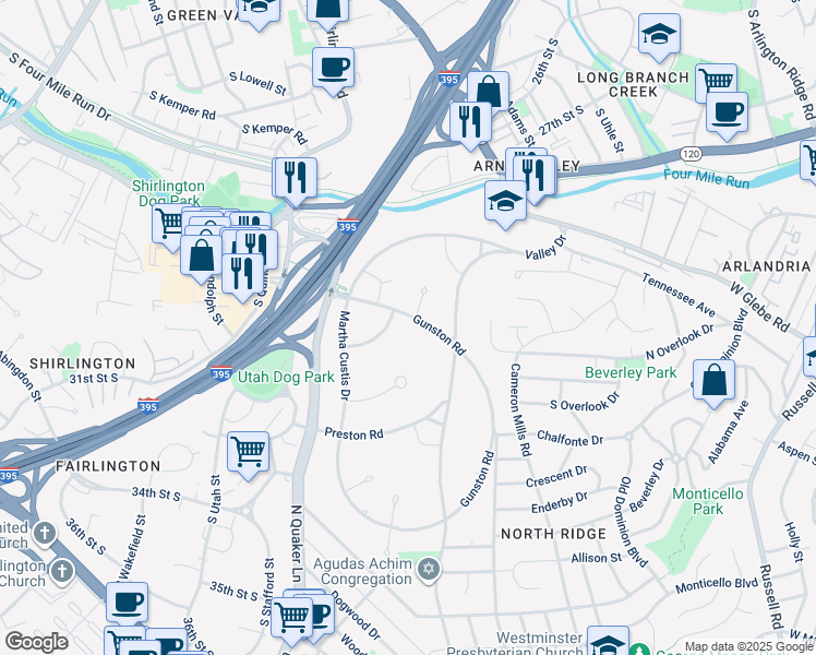 map of restaurants, bars, coffee shops, grocery stores, and more near 3704 Gunston Road in Alexandria