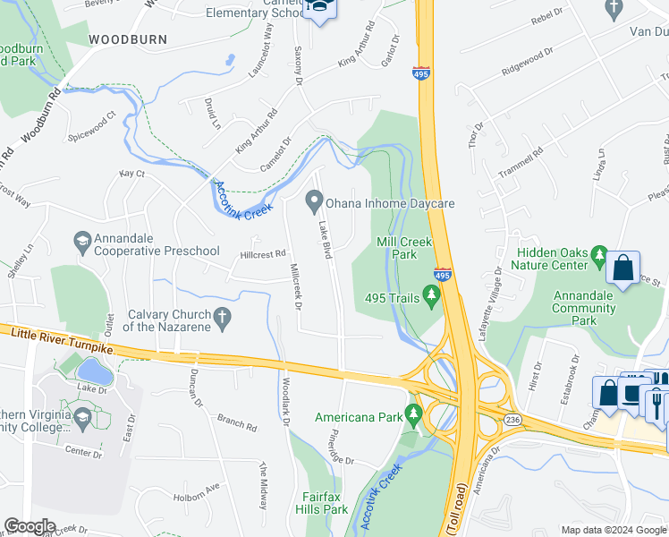 map of restaurants, bars, coffee shops, grocery stores, and more near Lake Boulevard in Annandale