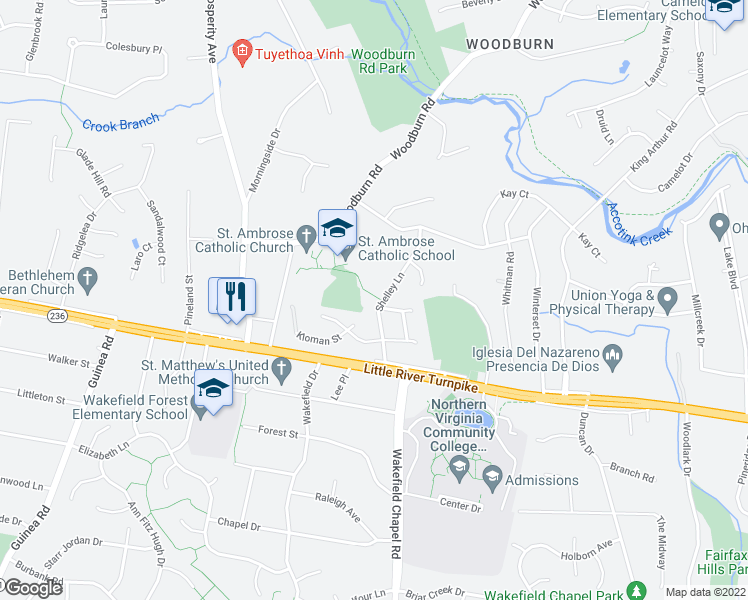 map of restaurants, bars, coffee shops, grocery stores, and more near 3822 Shelley Lane in Annandale