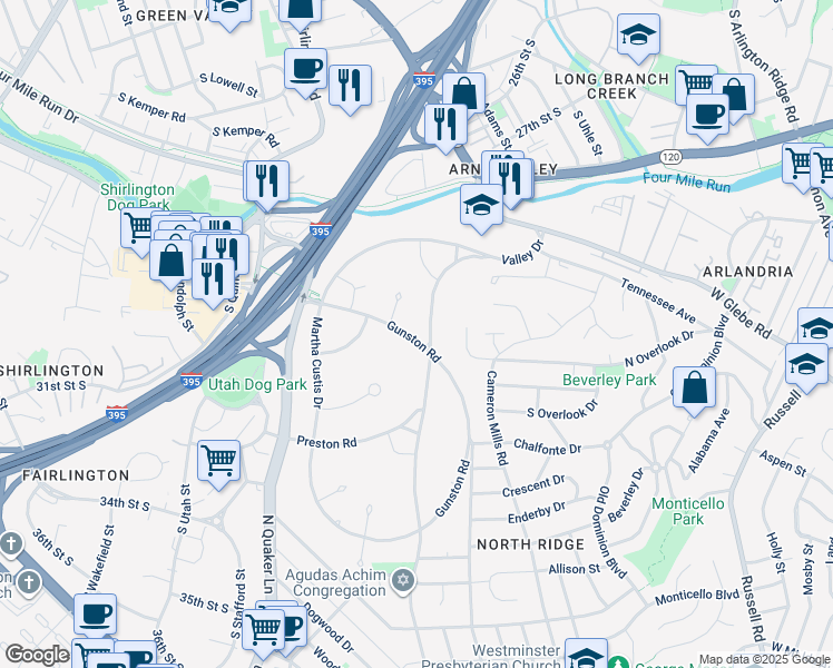 map of restaurants, bars, coffee shops, grocery stores, and more near 3605 Gunston Road in Alexandria