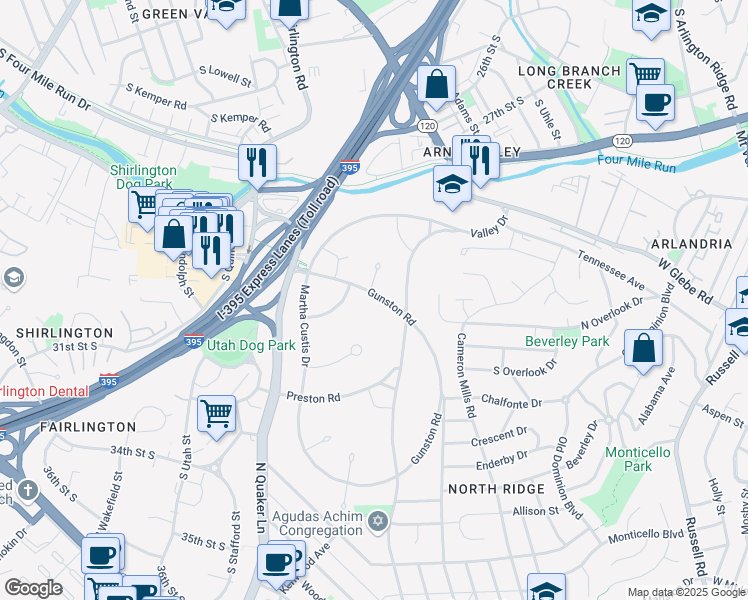 map of restaurants, bars, coffee shops, grocery stores, and more near 3658 Gunston Road in Alexandria
