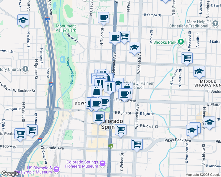 map of restaurants, bars, coffee shops, grocery stores, and more near 334 North Nevada Avenue in Colorado Springs