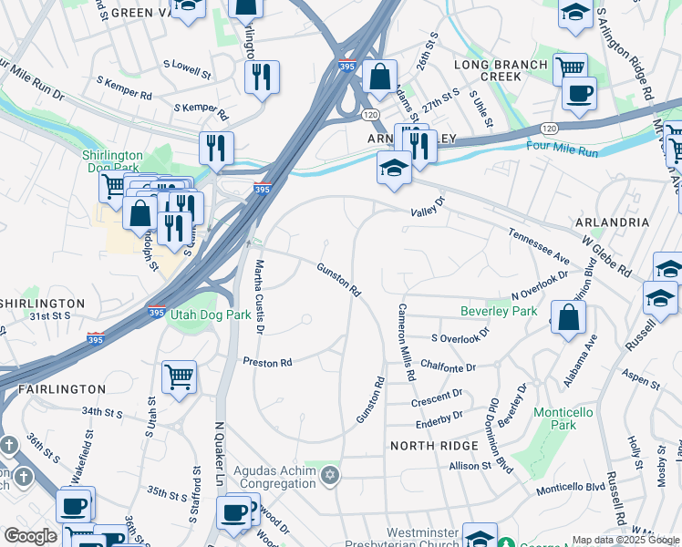map of restaurants, bars, coffee shops, grocery stores, and more near 3605 Gunston Road in Alexandria