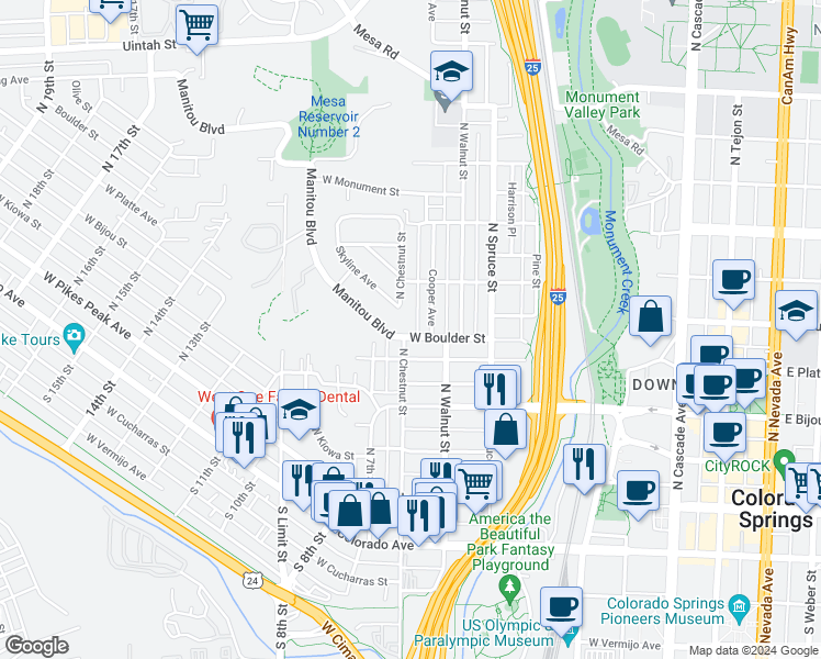 map of restaurants, bars, coffee shops, grocery stores, and more near 406 Cooper Avenue in Colorado Springs