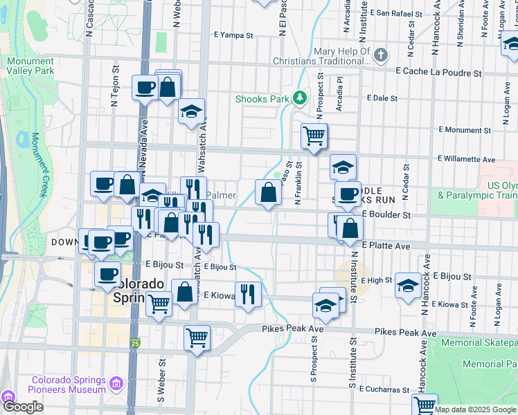 map of restaurants, bars, coffee shops, grocery stores, and more near 624 East Boulder Street in Colorado Springs