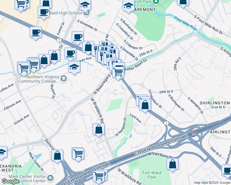 map of restaurants, bars, coffee shops, grocery stores, and more near 3300 South 28th Street in Alexandria