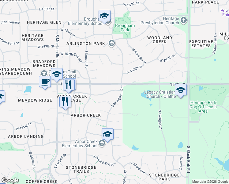 map of restaurants, bars, coffee shops, grocery stores, and more near 15939 West 159th Terrace in Olathe