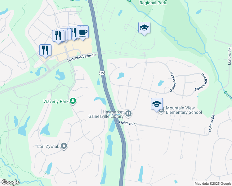 map of restaurants, bars, coffee shops, grocery stores, and more near 5437 Bowers Hill Drive in Haymarket