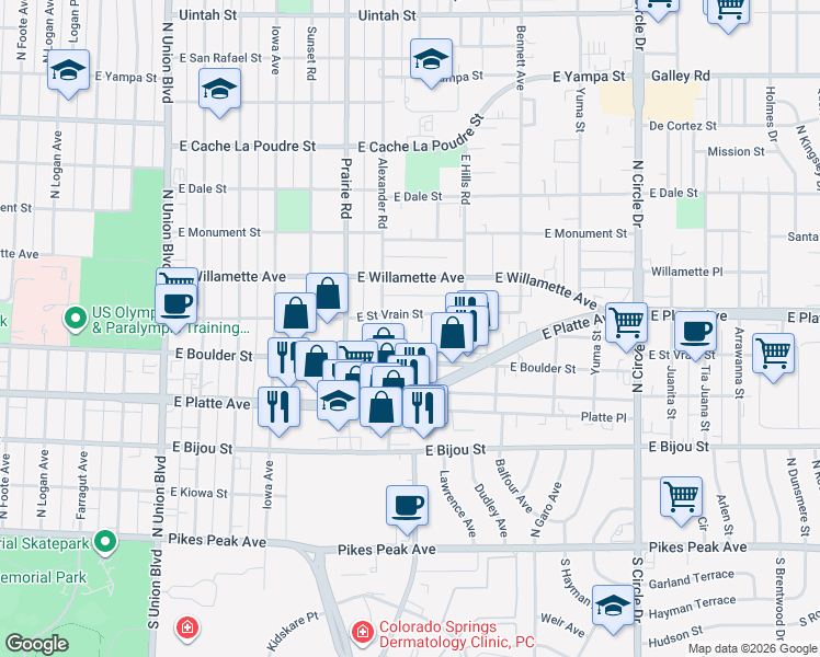 map of restaurants, bars, coffee shops, grocery stores, and more near 2403 East Saint Vrain Street in Colorado Springs