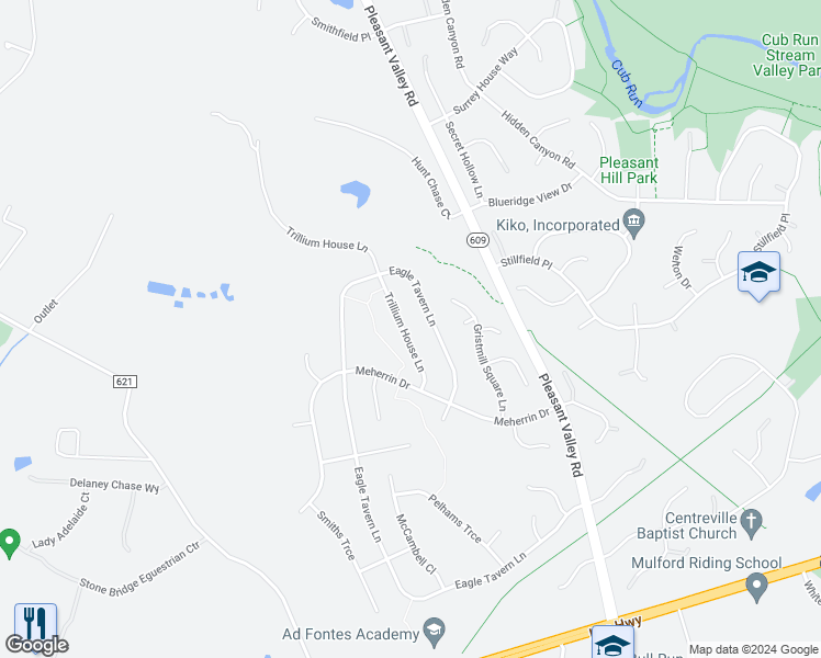 map of restaurants, bars, coffee shops, grocery stores, and more near 6513 Trillium House Lane in Centreville