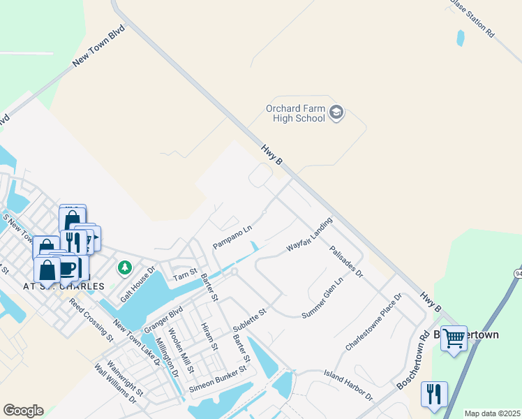 map of restaurants, bars, coffee shops, grocery stores, and more near 2674 Highway B in Saint Charles