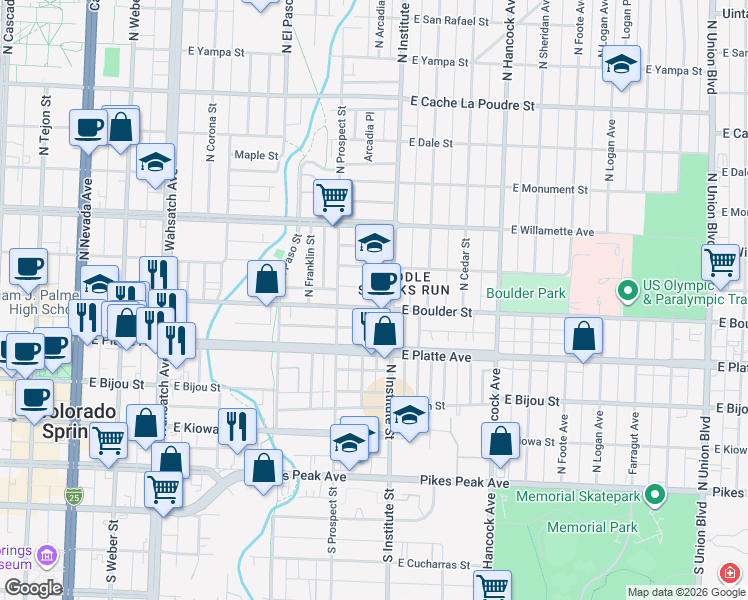 map of restaurants, bars, coffee shops, grocery stores, and more near 840 East Boulder Street in Colorado Springs