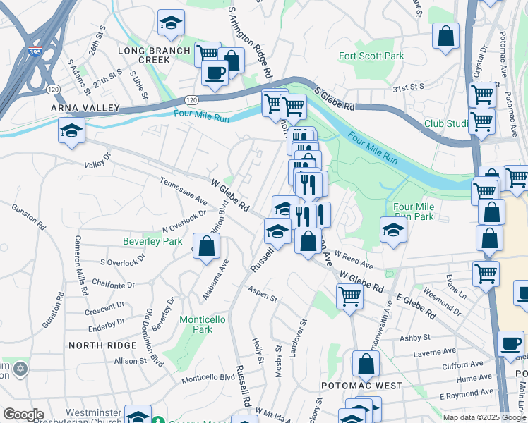 map of restaurants, bars, coffee shops, grocery stores, and more near 3800 Executive Avenue in Alexandria