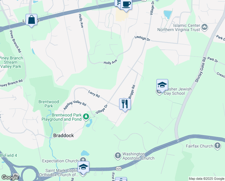 map of restaurants, bars, coffee shops, grocery stores, and more near 4812 Village Drive in Fairfax