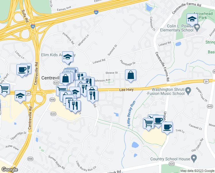 map of restaurants, bars, coffee shops, grocery stores, and more near 5632 Lierman Circle in Centreville