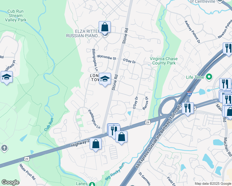 map of restaurants, bars, coffee shops, grocery stores, and more near 6199 Stonepath Circle in Centreville