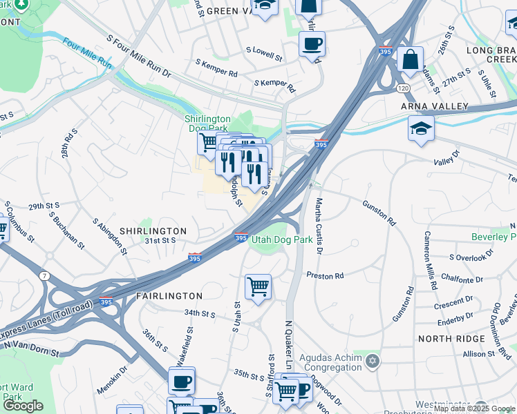 map of restaurants, bars, coffee shops, grocery stores, and more near 2975 South Quincy Street in Arlington