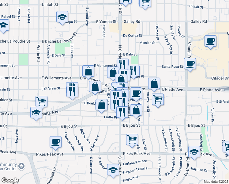 map of restaurants, bars, coffee shops, grocery stores, and more near 500 North Circle Drive in Colorado Springs