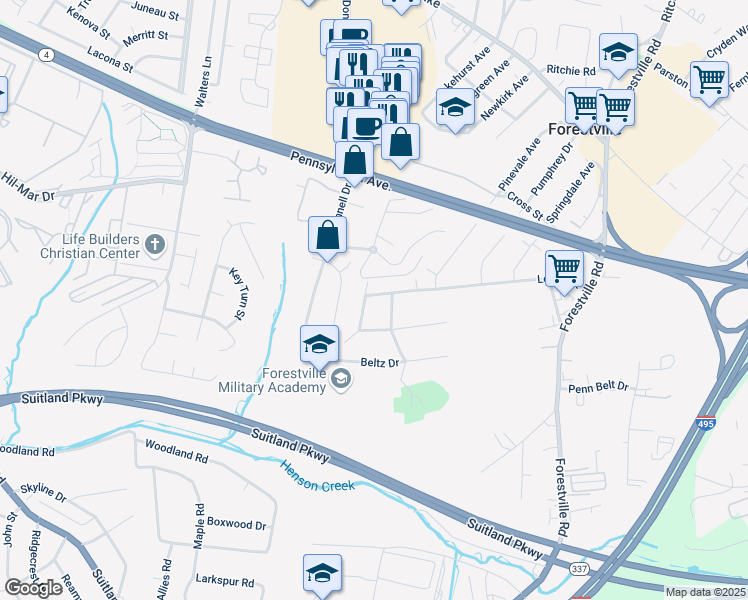 map of restaurants, bars, coffee shops, grocery stores, and more near 3600 Melrose Avenue in District Heights