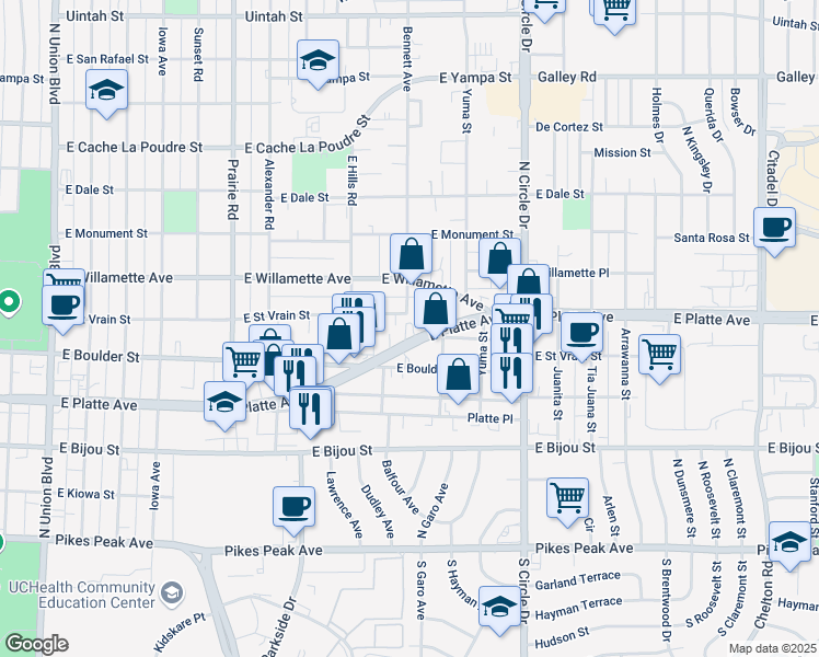 map of restaurants, bars, coffee shops, grocery stores, and more near 2531 East Saint Vrain Street in Colorado Springs