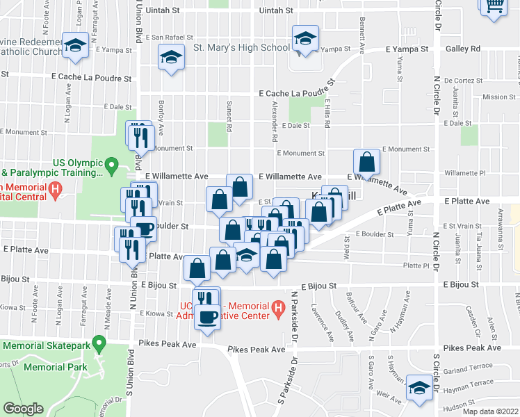 map of restaurants, bars, coffee shops, grocery stores, and more near 417 Prairie Road in Colorado Springs