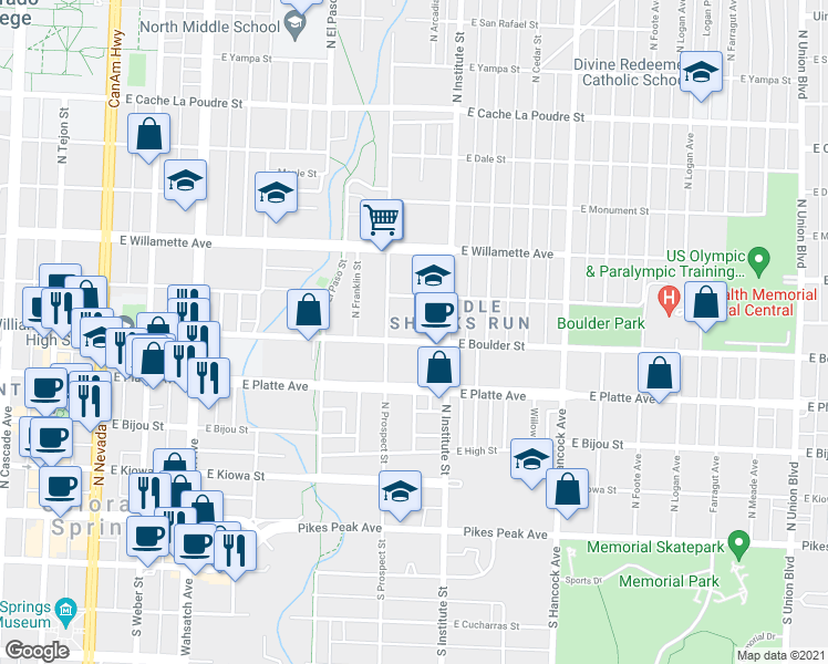 map of restaurants, bars, coffee shops, grocery stores, and more near 818 East Boulder Street in Colorado Springs