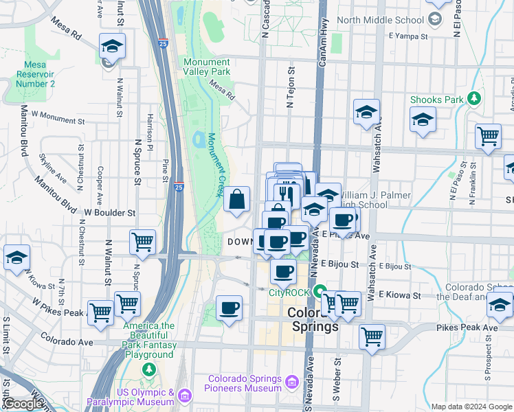 map of restaurants, bars, coffee shops, grocery stores, and more near 325 North Cascade Avenue in Colorado Springs