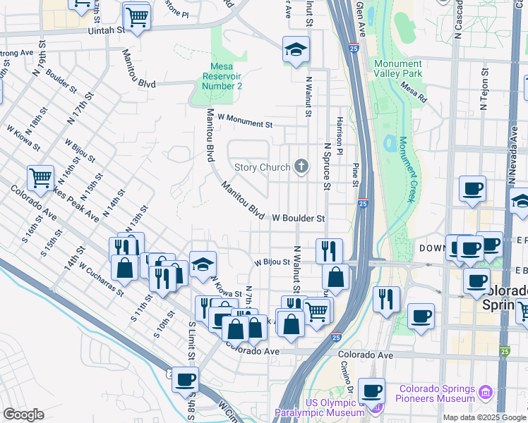 map of restaurants, bars, coffee shops, grocery stores, and more near 615 Manitou Boulevard in Colorado Springs
